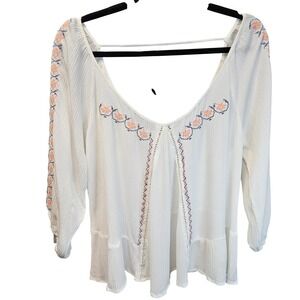 Double Zero White Embroidered Boho Peplum Blouse V-Neck Rayon Top M